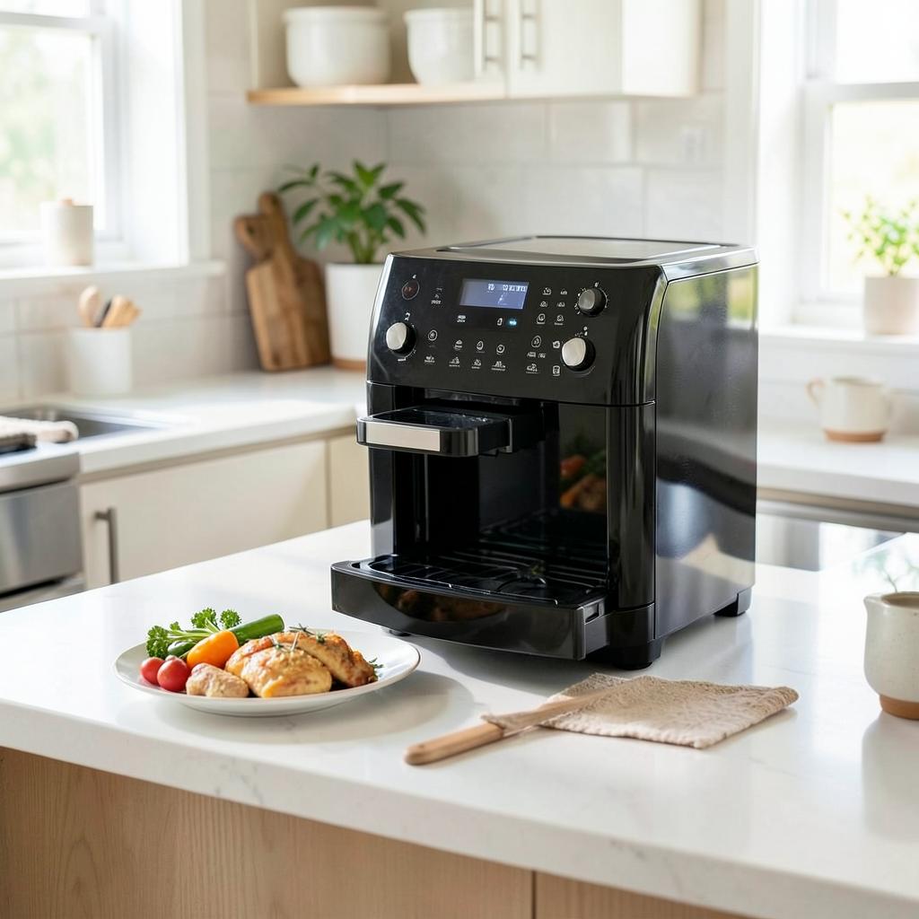 Air fryer sitting on a kitchen worktop next to prepared food